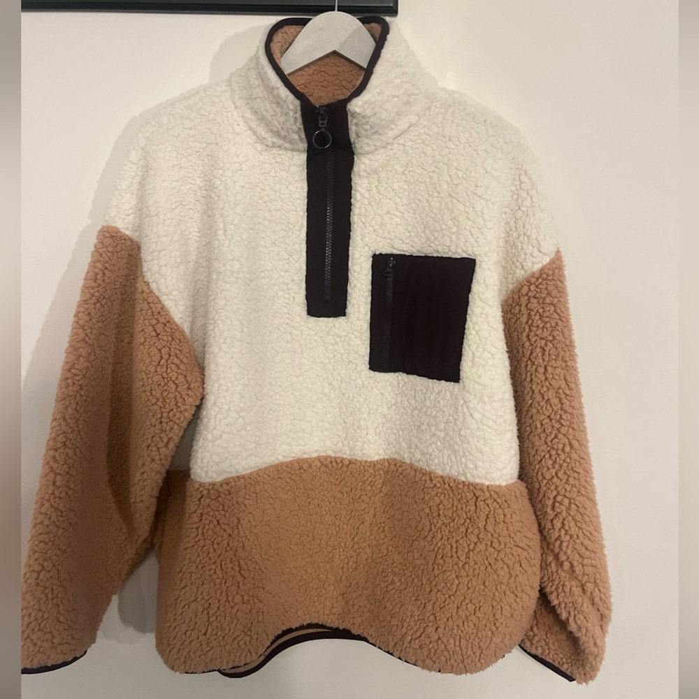 Lou & Gray Women's M 3/4 Zip Cream/Dusty Rose/Brown Fleece Pullover